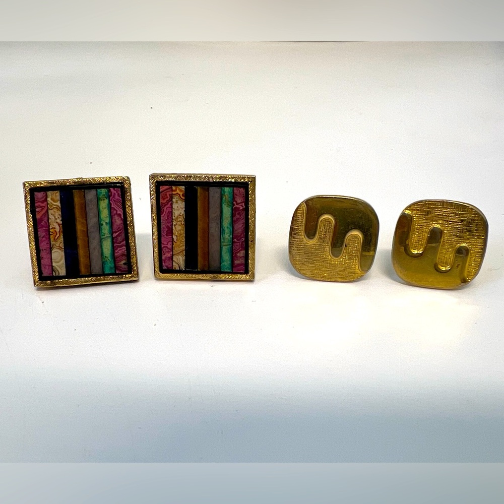 Vintage Pair Of Men's Sterling Onyx & Gemstone & Gold Plate Cufflinks